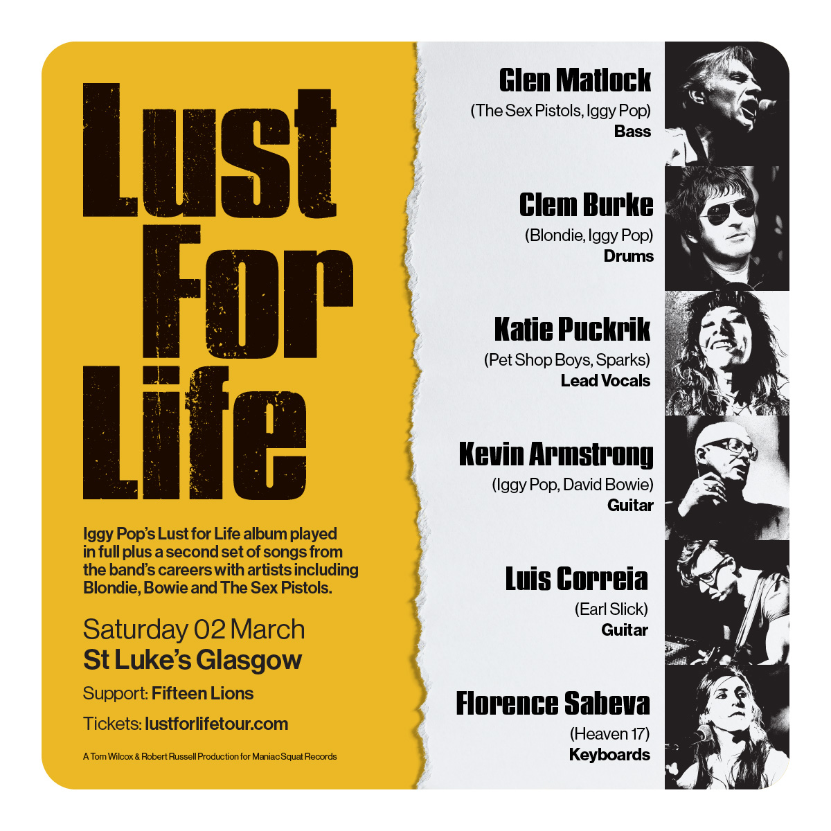 Following glowing reviews, sold-out venues and many fun nights, the all-star line-up celebrating Iggy Pop’s Lust For Life album are back. See them at   <a href="/stlukesglasgow/">Saint Luke's</a> - 2nd March 2024.

“One hell of a gig.” – Tim Keppie, Record Collector 

Tickets: seetickets.com/event/lust-for…