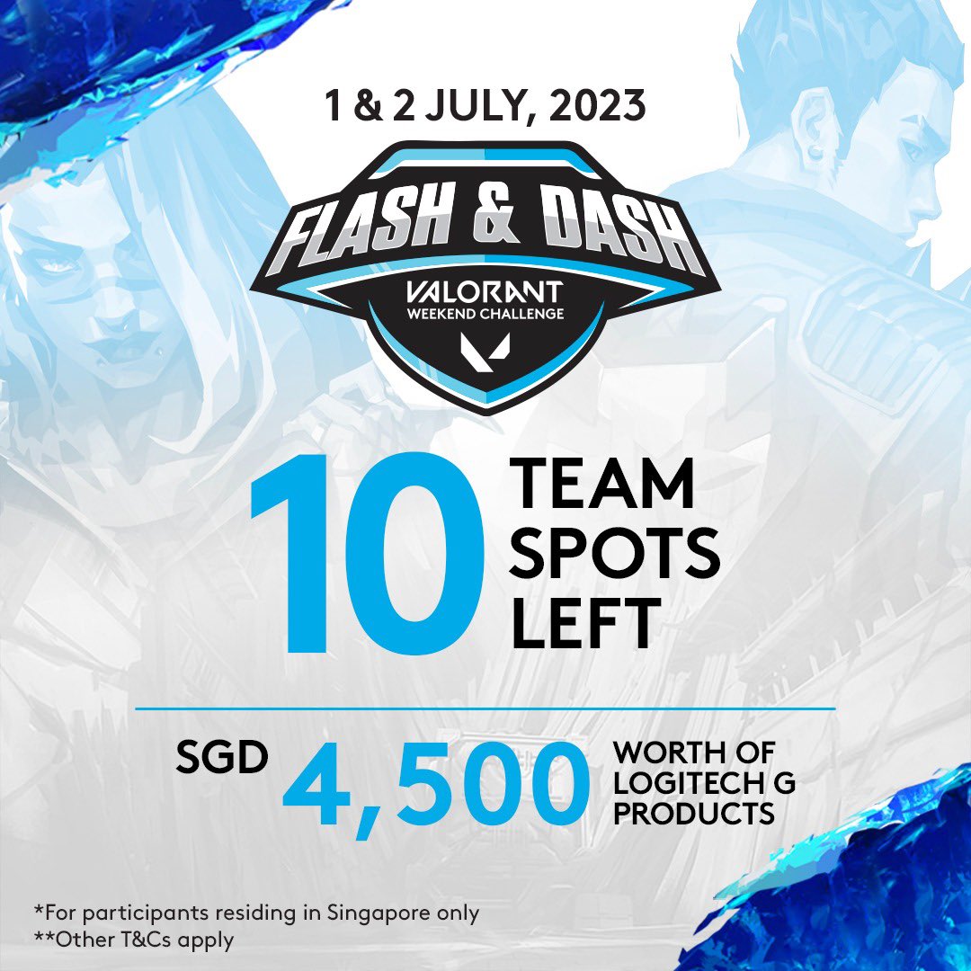 Meracleeeeee's tweet image. Flash and Dash: VALORANT Weekend Challenge is happening! A community-based tournament created to embrace and enhance the local VALORANT scene in Singapore. This is open for all Singapore-based residents.
Register Here: bit.ly/-GB-FlashAndDa…

#Gaming #VALORANT #FlashDash
