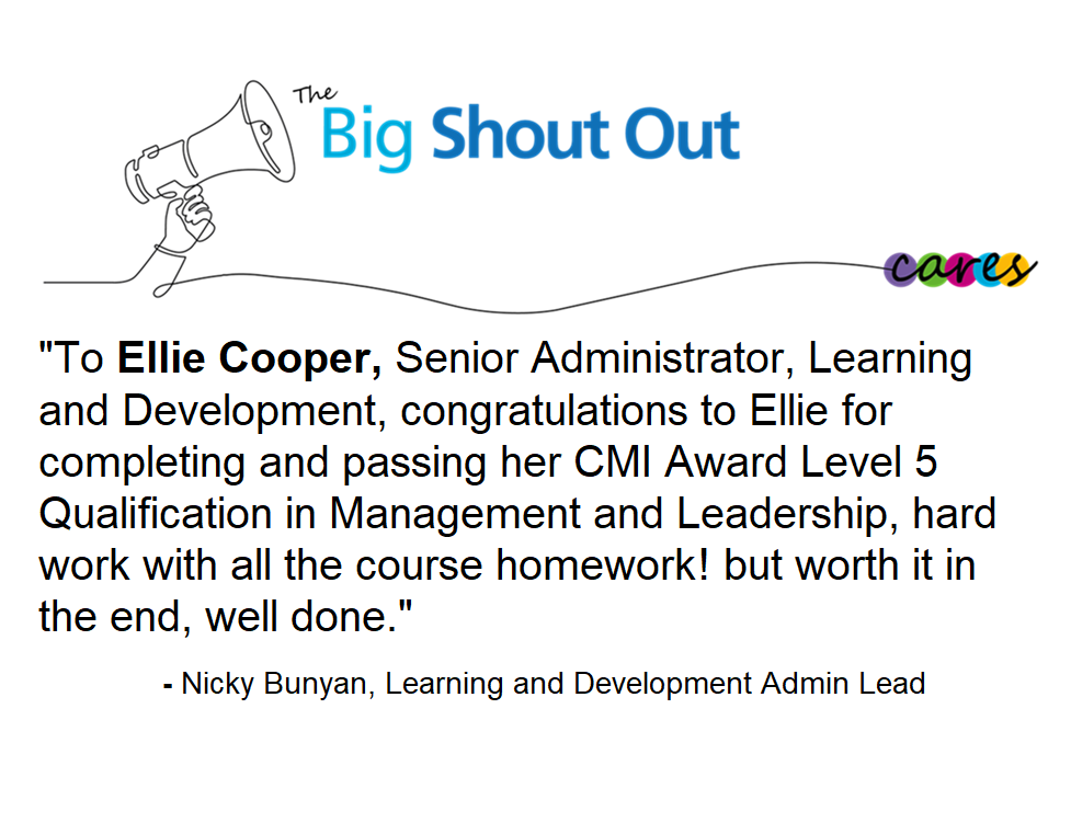 Congrats to Ellie for her Big Shout Out and passing her EMI Award Level 5 Qualification in Management and Leadership! 🤩🎉