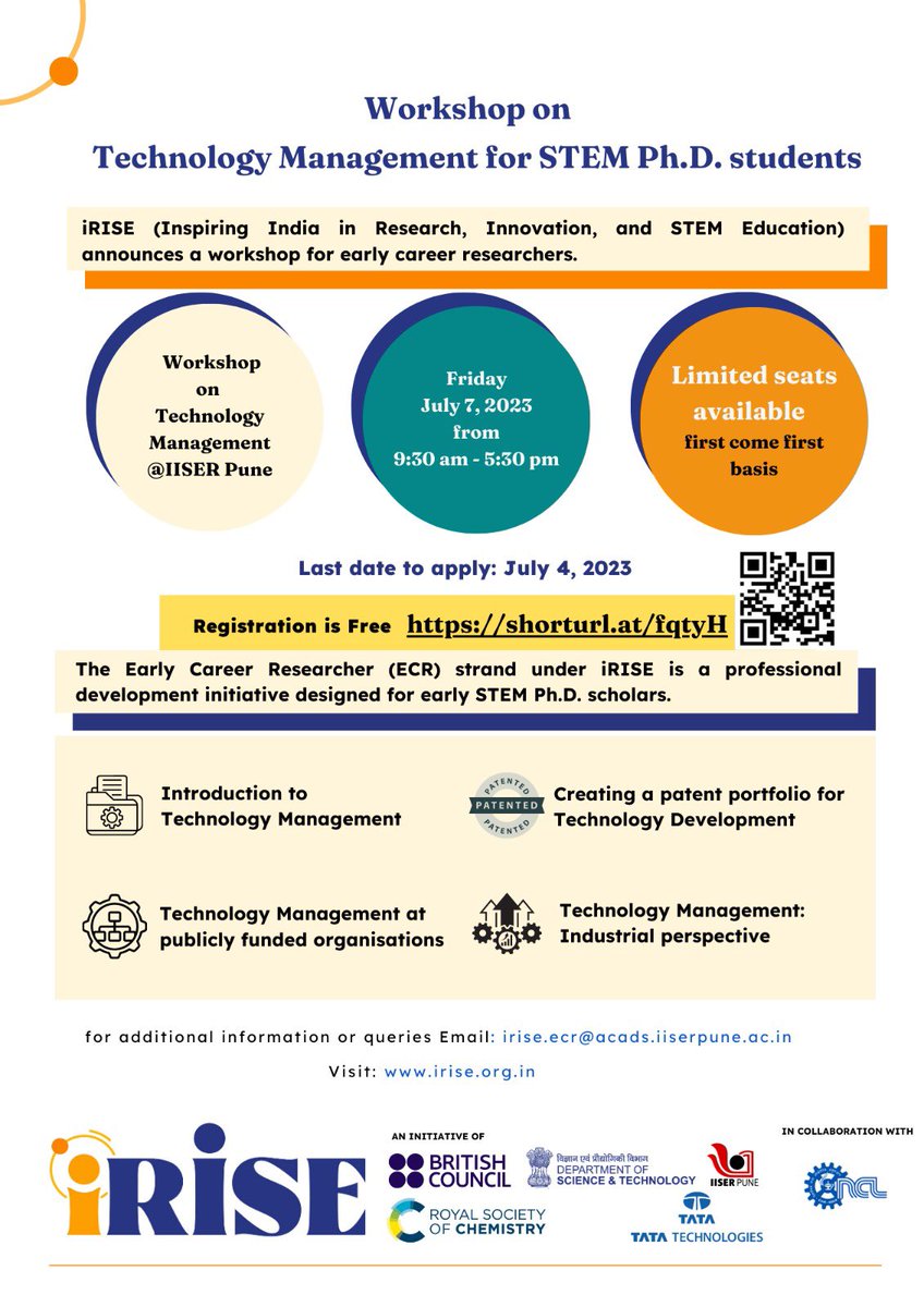As a researcher interested in technology management? Is it Same as IP or knowledge management? Find the right answers in 1 day workshop about Technology Management on July 7 by @IISERPune & @csir_ncl under ECR strand @iRISEforIndia @TataTech_News @IndiaDST @RoySocChem @inBritish