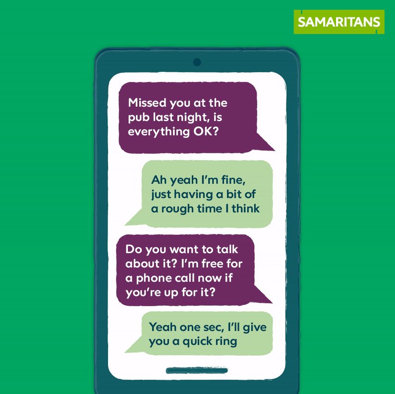 When someone is having a rough time, you don’t need to know how to fix it for them. You can help them so much by simply listening and allowing them to talk. 
Sometimes, that’s what someone needs the most 💚
<a href="/samaritans/">Samaritans</a> #Listen
