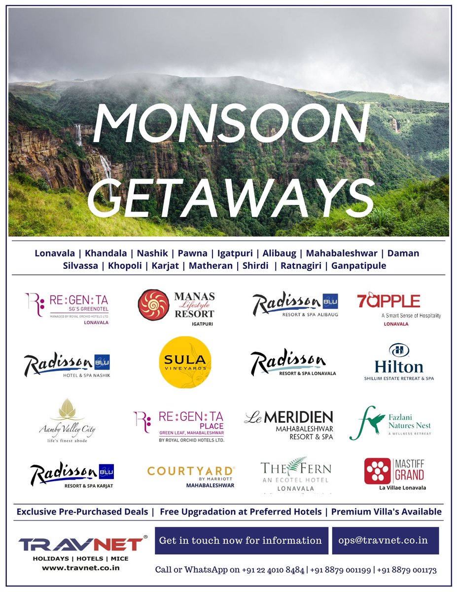 Assured Best Deals on Monsoon Getaways !

#monsoon #traveldeals #travnet #maharashtratourism #india #radissonhotels #royalorchidhotels #Sula #AambyValley #lonavala #igatpuri #nashik #alibaug #Mumbai @maha_tourism