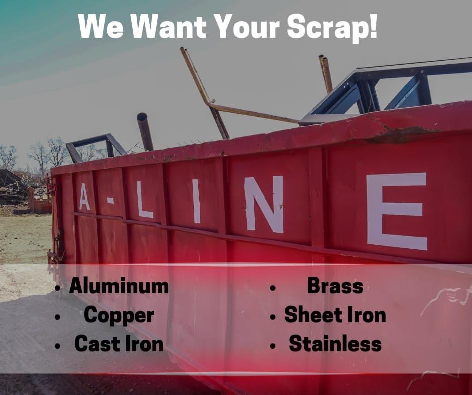 If you got the scrap...we want it‼️

Stop by A-Line Iron & Metals, open from 8-11:45 AM & 1-3:30 PM💸🤩

#TGIF #scraplife #happyfriday #extracash #donttrashitscrapit #wewantit #scrapyard #scrappingseason #letsgetscrappy #nonferrous #ferrous #metalrecycling