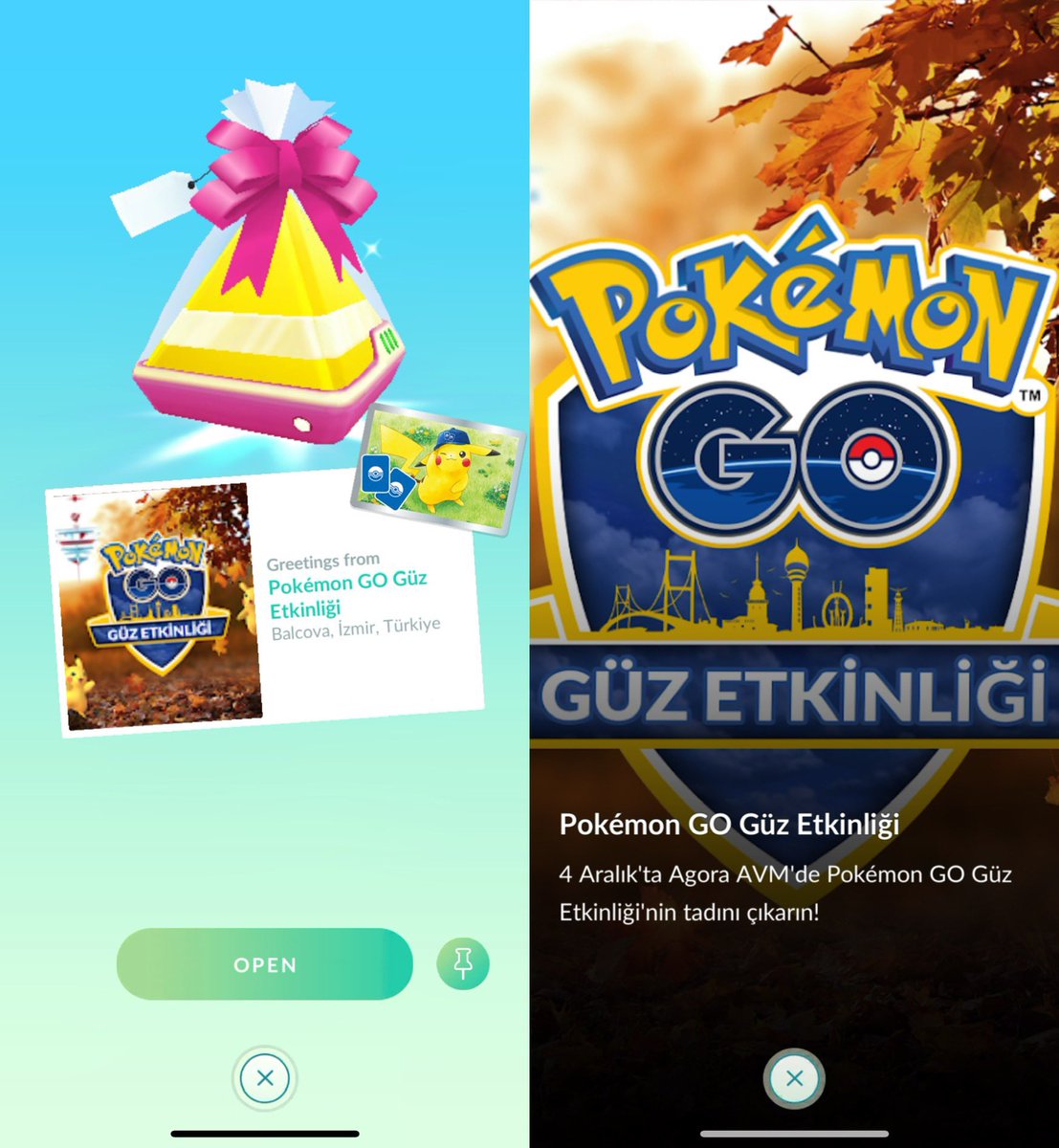 'Pokémon GO Güz Etkinliği'

Balcova, İzmir, Türkiye🇹🇷
#PokemonGOGift
#PokemonGO