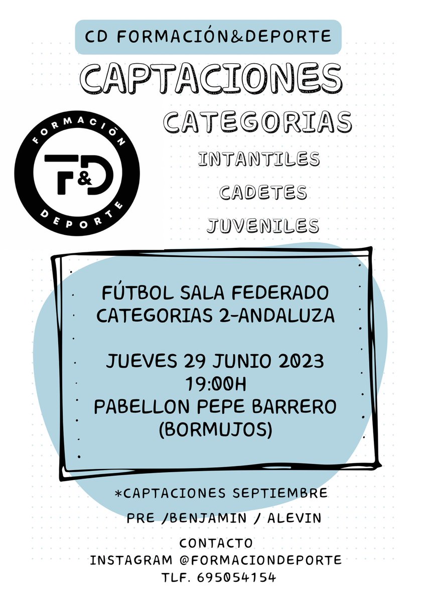 Queremos seguir creciendo, queremos contar contigo◼️▫️

El próximo jueves 29 de Junio te esperamos en nuestra jornada de captación a las 19h en Pabellón Pepe Barrero (BORMUJOS) 

Categorías Infantil, Cadete, Juvenil

*categorías pre-benjamin-alevin tendrán lugar en Septiembre
