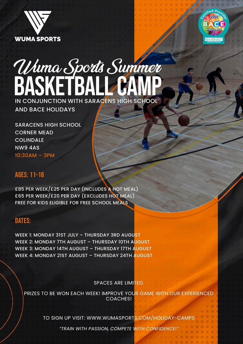 WumaSports's tweet photo. Registrations are now open for our Junior Summer Basketball Camp (11-16 years old) in partnership with @SaracensHighSch and @BarnetCouncil HAF programme! 

See the flyer for more details and head to our website to register! #BACEHolidays #BarnetYouth https://t.co/cmNmzWSmZI