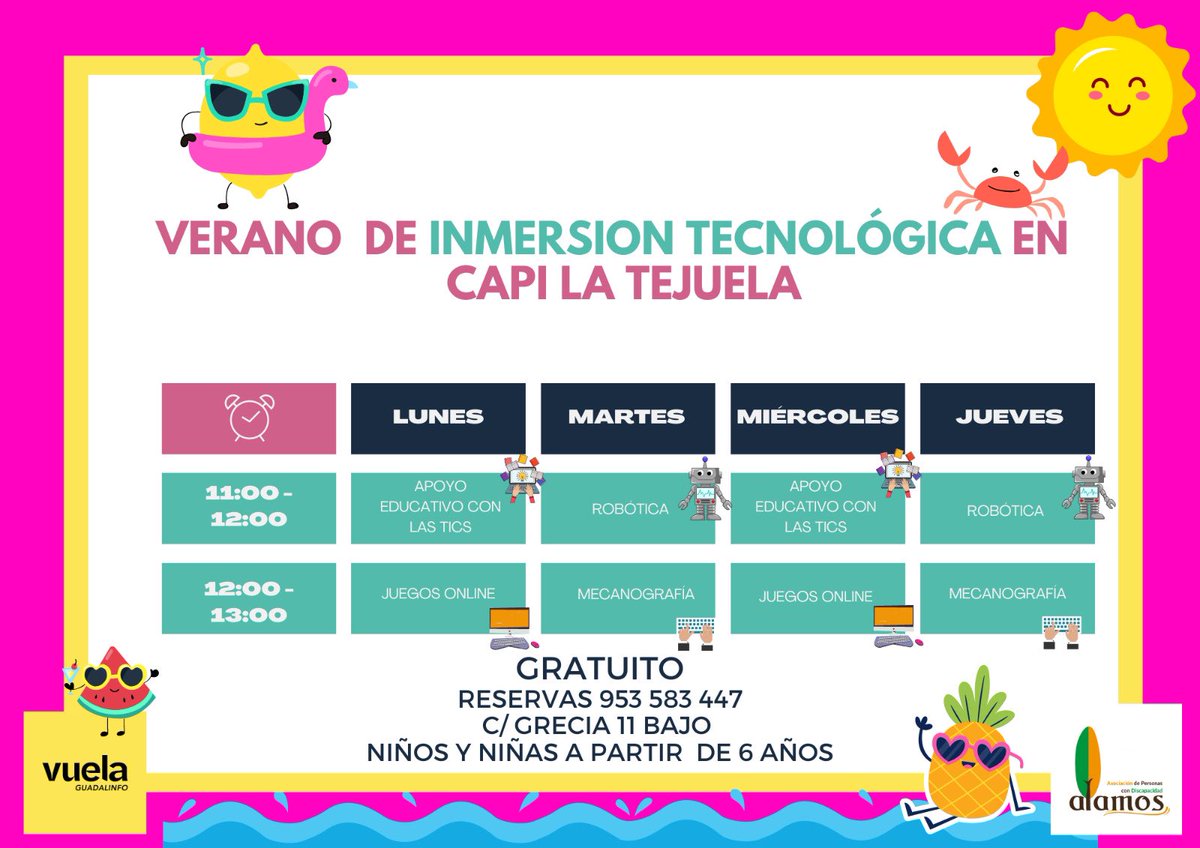 Actividades gratuitas de verano
Inscríbete en el 953 58 34 47 en C/Grecia 11 de Alcalá la Real.

Organiza Asociación de Personas con Discapacidad Álamos y financia la Junta de Andalucía.

#capilatejuela #alamosdiscapacidad