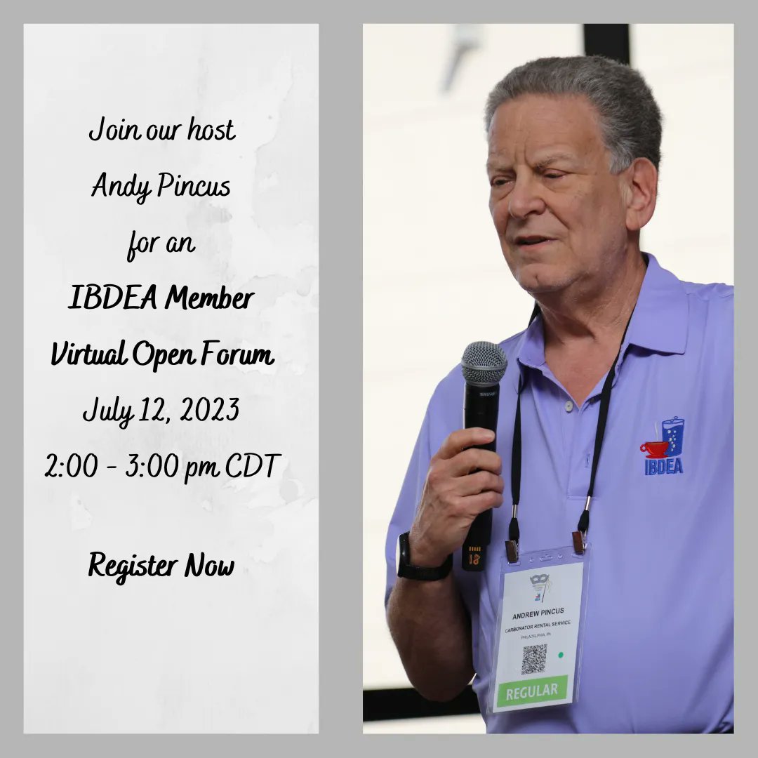 Join our host Andy Pincus for an IBDEA Member Virtual Open Forum July 12, 2023, from 2:00 - 3:00 pm CDT. Register NOW at bit.ly/448XM5M
#IBDEA2023 #IBDEAstrong #sharing #networking #learnfromothers #openforum #virtual #memberbenefit