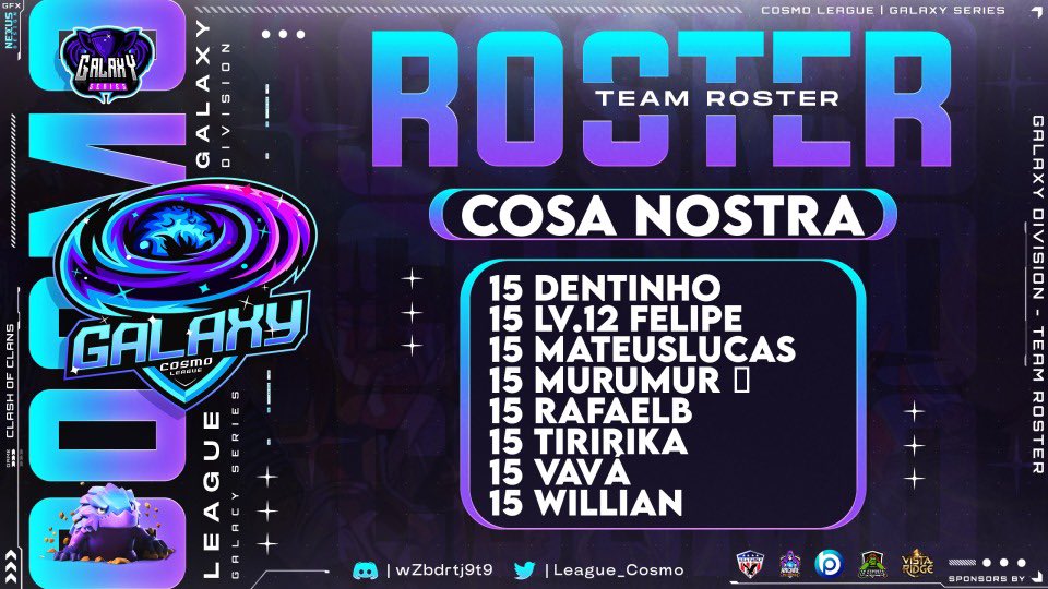 Cosa Nostra™️ (@cosanostra_coc) on Twitter photo Agradecemos a oportunidade ao @League_Cosmo ,faremos nosso melhor
Aproveitamos pra dar uma prévia de nossos players , que se dedicam diariamente , nossa gratidão🙏
<a href="/dentinho_coc/">Dentinho_CoC</a> <a href="/Felipe_gabrielx/">Felipe Gabriel</a> <a href="/mateusluscass/">Mateus 🙂 oxe</a> @TharickMaths <a href="/Rafaelbf_00/">Rafael Brito</a> <a href="/TIRIRIKA_10/">TIRIRIKA</a> <a href="/juniorsagapeug2/">vavá</a> <a href="/WILLIAN_coc/">WILLIAN</a> Agradecemos a oportunidade ao @League_Cosmo ,faremos nosso melhor
Aproveitamos pra dar uma prévia de nossos players , que se dedicam diariamente , nossa gratidão🙏
<a href="/dentinho_coc/">Dentinho_CoC</a> <a href="/Felipe_gabrielx/">Felipe Gabriel</a> <a href="/mateusluscass/">Mateus 🙂 oxe</a> @TharickMaths <a href="/Rafaelbf_00/">Rafael Brito</a> <a href="/TIRIRIKA_10/">TIRIRIKA</a> <a href="/juniorsagapeug2/">vavá</a> <a href="/WILLIAN_coc/">WILLIAN</a>