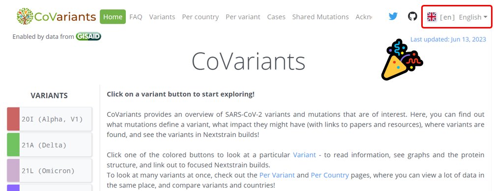 🌈CoVariants.org Update!🌈

The eagle-eyed among you may have already spotted, but we've just added a new feature - translations!

Check out the top-right corner for a drop-down menu that translates many labels automatically, &amp; more fully supports Chinese! 🙌🏻📖

1/5