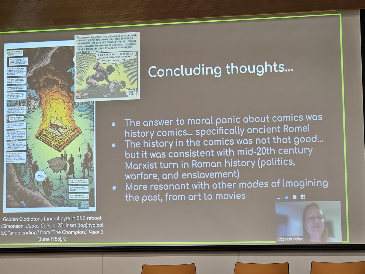 Wonderful historiographic talk by @sdsu_h100 Beth Pollard abt how 2 1950s comic bk publishers responded to political pressure frm comic codes. Great ex of nuanced contextualizing/ corroborating comics as primary sources to illuminate post WW2 & Cold War era. I learned lots.