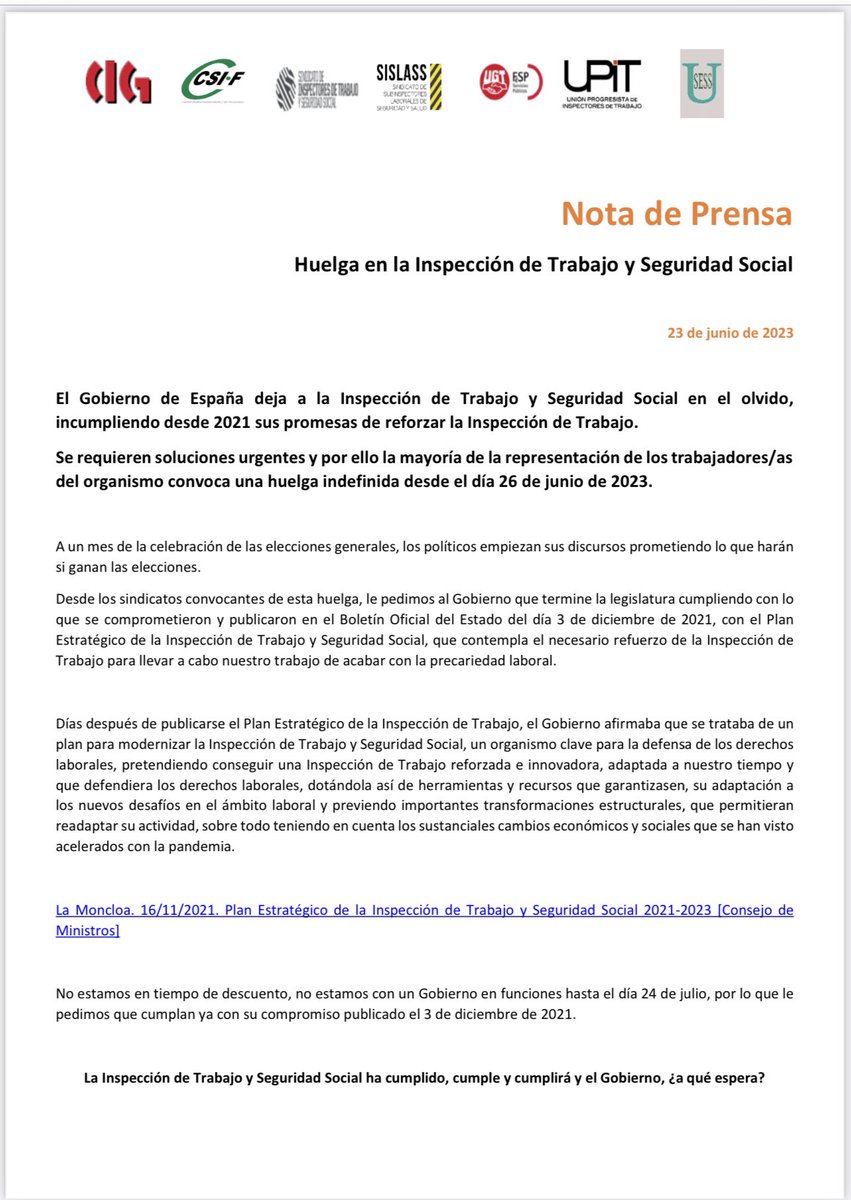 Huelga indefinida en la Inspección de Trabajo a partir del 26 de junio

¿A qué espera el Gobierno a cumplir el plan estratégico de la Inspección de Trabajo aprobado el 3.12.2021?

boe.es/diario_boe/txt…

<a href="/sanchezcastejon/">Pedro Sánchez</a> <a href="/Yolanda_Diaz_/">Yolanda Díaz</a> <a href="/mjmonteroc/">María Jesús Montero</a> <a href="/LidiaSanchezMil/">Lidia Sánchez Milán</a> <a href="/jperezrey/">Joaquín Pérez Rey</a>