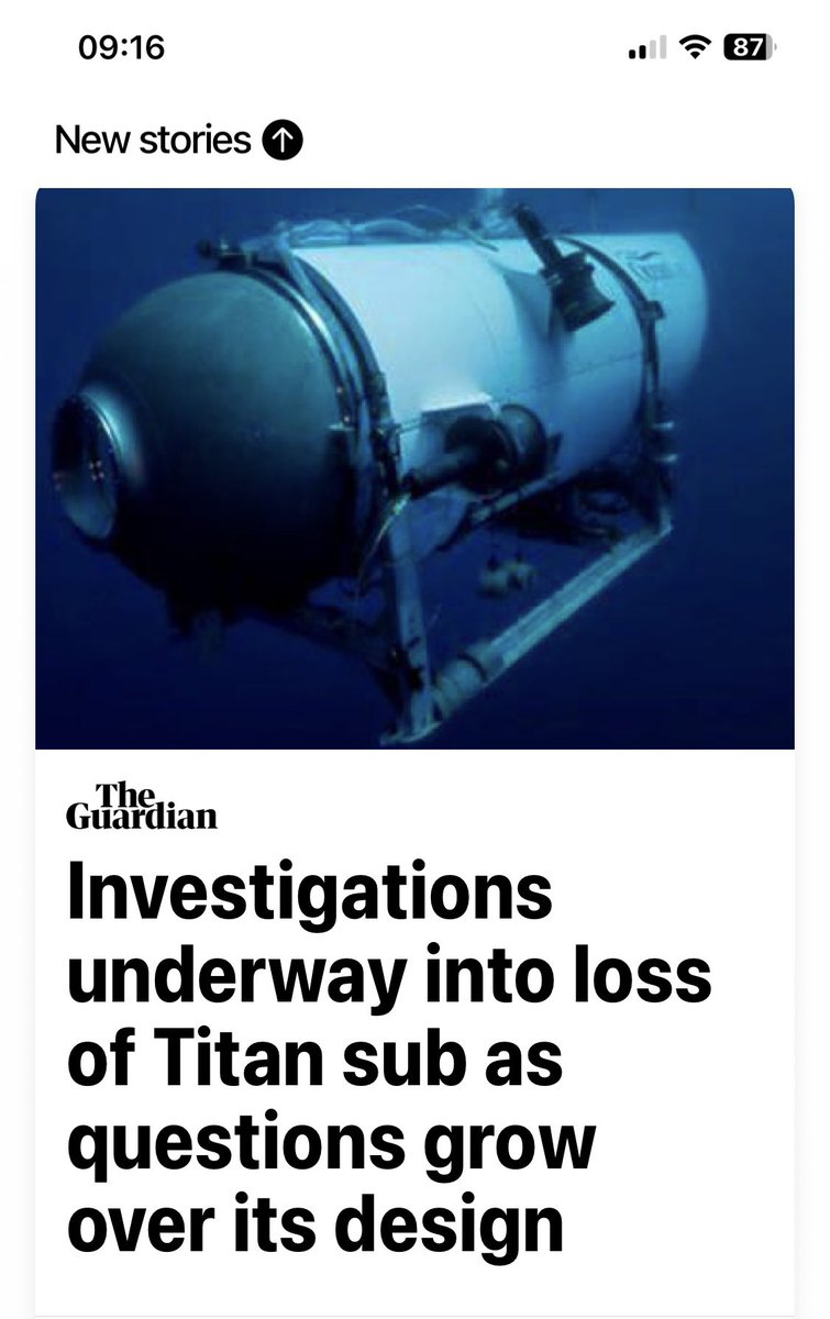 对“泰坦”潜水艇内爆导致5个不同国籍的乘客丧生的事故调查正在进行中，有人对潜艇的船体材料使用碳纤维和钛提出质疑并称之前曾有过专业人士写信给潜艇研发公司提出安全性警告指出该潜艇用于深海探测并载人太过实验性。但遇难者之一的共同创始人的前合伙人说他们一直把安全因素放在首位，目前下结论尚早