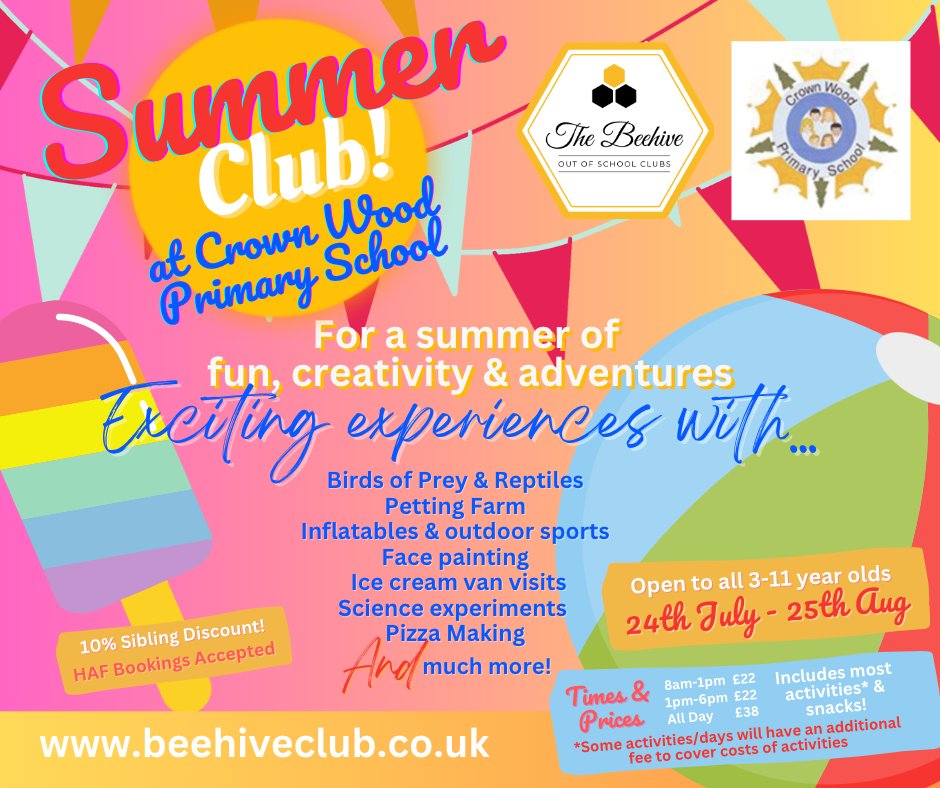 The Beehive #SummerHolidayClub returns to
@CrownWoodPS
this summer! Open to ALL 3-11 year olds, running from 24th July until 25th August for a summer of fun, creativity & adventures! For more information, to register and book, please visit: beehiveclub.co.uk/holidayclubs