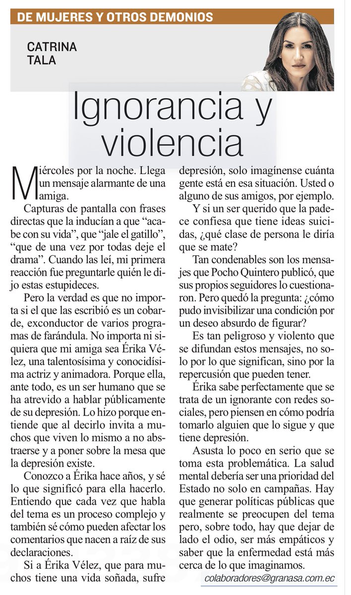 Mi columna de hoy no va solo por la Erika Vélez que ustedes conocen, si no para todas las mujeres y hombres valientes que hablan de depresión para generar debate y poner el tema sobre la mesa. 
Sin embargo, a los ignorantes y violentos que por unos likes o fama están dispuestos a