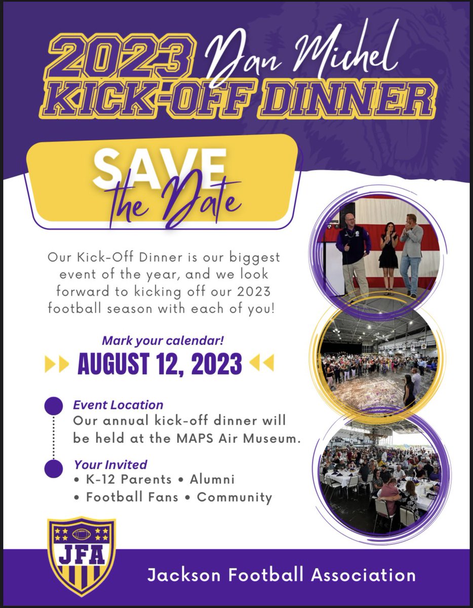 Save the Date - the Annual Dan Michel Kick Off Dinner is on August 12th at MAPS Air Museum. We look forward to a fun filled night to get ready for football season. Ticket / Registration details will be out soon. #GoBears #WeNotMe