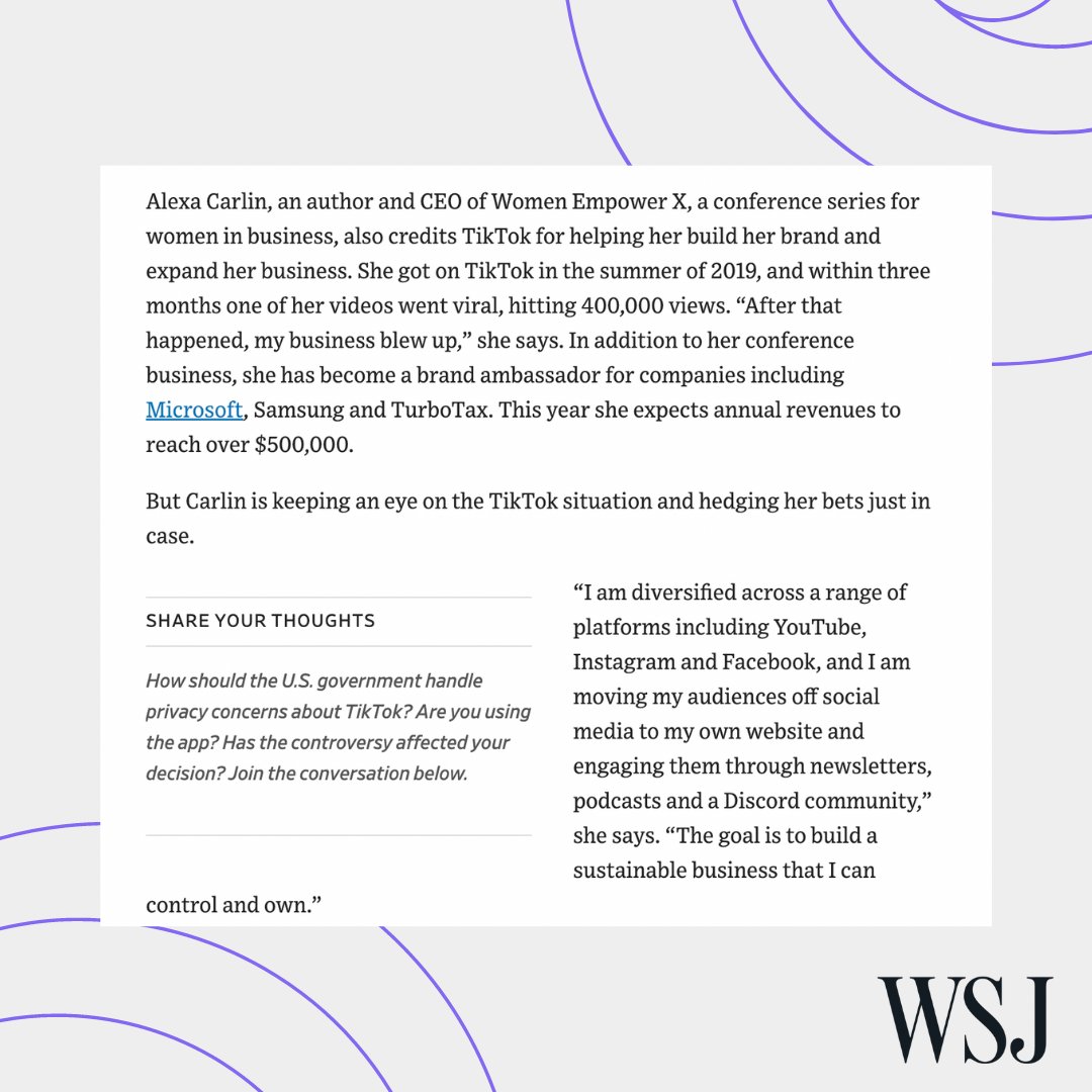 Alexa Rose Carlin (@alexarosecarlin) on Twitter photo š£ Exciting News! I have been featured in <a href="/WSJ/">The Wall Street Journal</a> !!
You can read the whole article here ā wsj.com/articles/talk-ā¦
Let me know what your thoughts in the potential Tiktok ban & how this will affect your business as a creator/entrepreneur!
#WSJ #tiktokban #contentcreator š£ Exciting News! I have been featured in <a href="/WSJ/">The Wall Street Journal</a> !!
You can read the whole article here ā wsj.com/articles/talk-ā¦
Let me know what your thoughts in the potential Tiktok ban & how this will affect your business as a creator/entrepreneur!
#WSJ #tiktokban #contentcreator