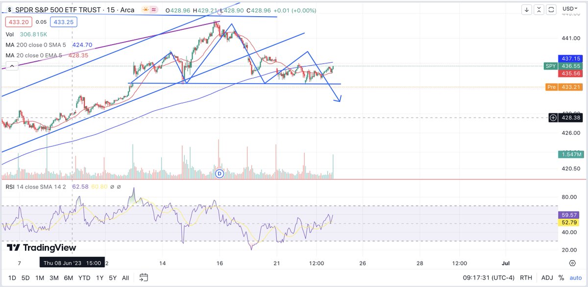 PMs are pointing to a sharply lower open as PMIs across Europe continue to deteriorate. $SPY is projected to gap below its neckline this morning confirming a H&S top. If bears can provide follow through and close the week near the lows, it's likely we found ourselves a top.