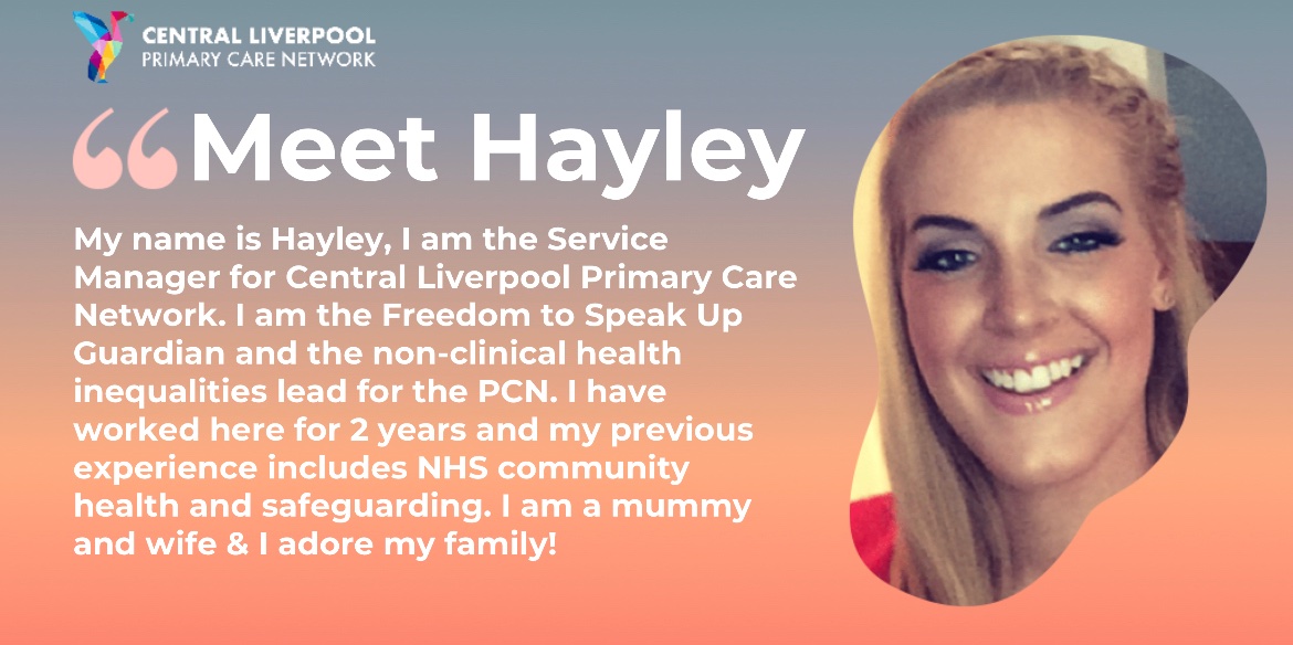 CentralLpoolPCN's tweet photo. This weeks #FeaturingFriday is our Service Manager Hayley! She helps get things done within the network and makes sure staffs health and wellbeing is a priority as the Freedom To Speak Up Guardian. Get to know Hayley below! https://t.co/pCBZixRYOA