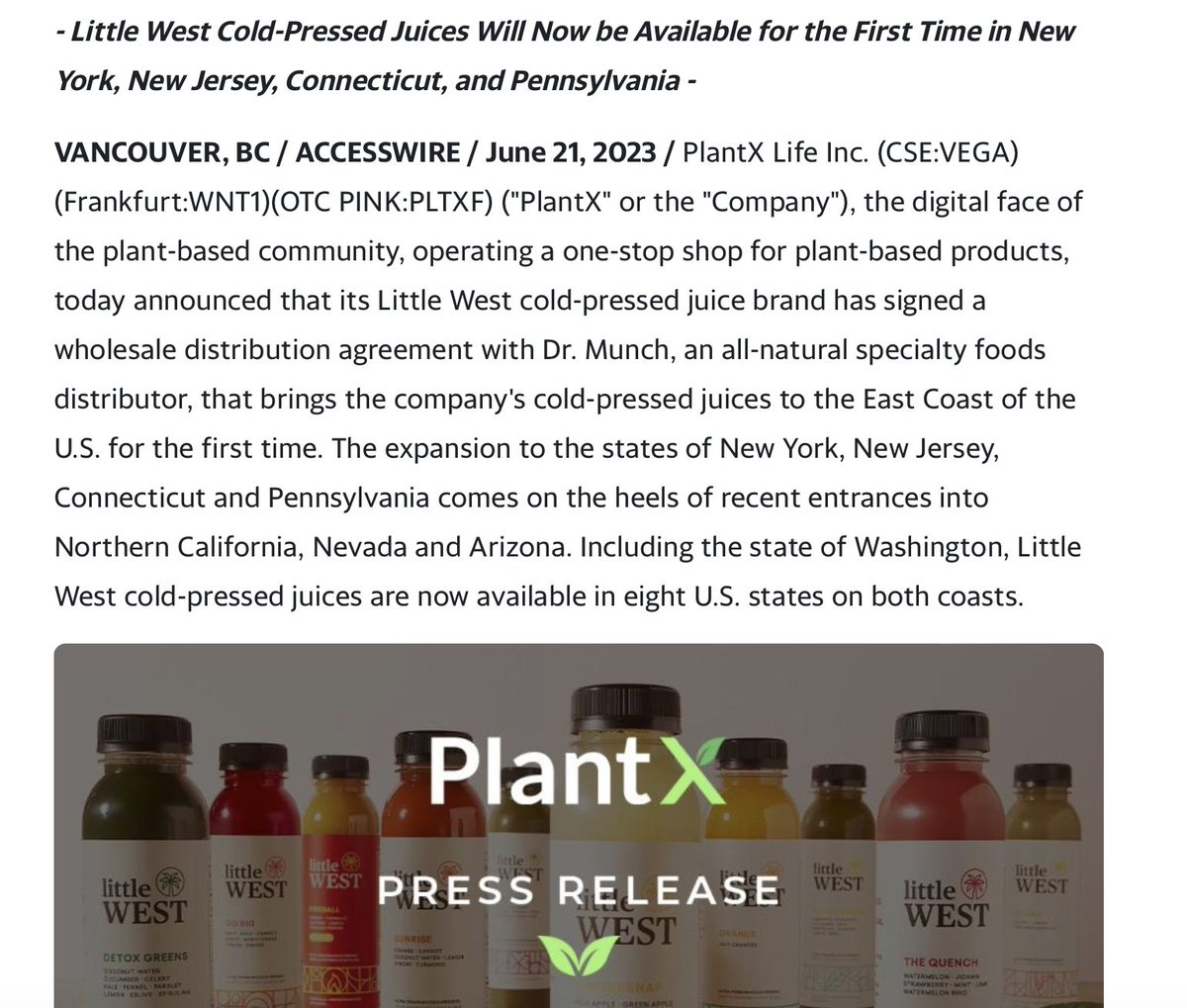 $VEGA PlantX's Little West Announces East Coast Expansion Through Wholesale Distribution Agreement with Dr. Munch cutt.ly/kwtRxtWK   #GOLD #wsj #nytimes #business #reuters #IHub_StockPosts #forbes #nasdaq #cnn #bet #foxnews #latimes #robbreport #Crainschicago