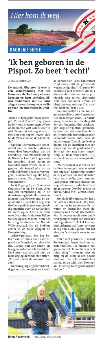 𝗜𝗸 𝗯𝗲𝗻 𝗴𝗲𝗯𝗼𝗿𝗲𝗻 𝗶𝗻 𝗱𝗲 𝗣𝗶𝘀𝗽𝗼𝘁. 𝗭𝗼 𝗵𝗲𝗲𝘁 '𝘁 𝗲𝗰𝗵𝘁!
Rinus Rodermond oet De Punt weur geboren op d'Olde Smilde. Hie zörgde decennialang veur veilige vaar- en autowegen in Drenthe.