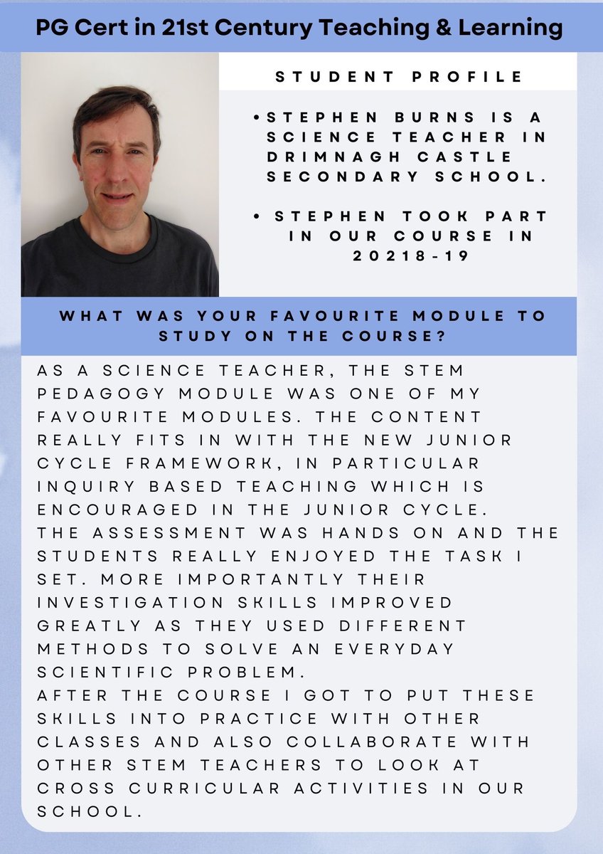 Today we will be hearing from our past student Stephen Burns who is a science teacher in <a href="/CbsCastle/">Drimnagh Castle CBS</a> ☺️

Check out what Stephen had to say about our STEM pedagogy module led by Dr <a href="/kevinsullivan79/">Kevin</a> ☺️

Visit our website for further info &amp; to apply tcd.ie/education/cour… #edchatie