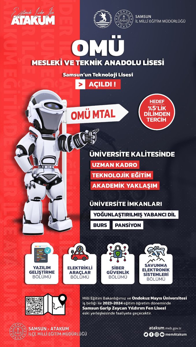 Samsun'un Teknoloji Lisesi Ondokuzmayıs Üniversitesi Mesleki ve Teknik Anadolu Lisesi Atakum ilçemize hayırlı olsun...
✓ Siber Güvenlik 
✓ Yazılım Geliştirme
✓ Elektrikli Araçlar
✓ Elektronik Savunma Sistemleri Bölümleri
<a href="/muratagar60/">Murat AĞAR</a> <a href="/irfanyetik55/">Mehmet İrfan YETİK</a> <a href="/melekcelebi12/">melek çelebi</a> <a href="/MemAtakum/">Atakum İlçe Milli Eğitim Müdürlüğü</a>
