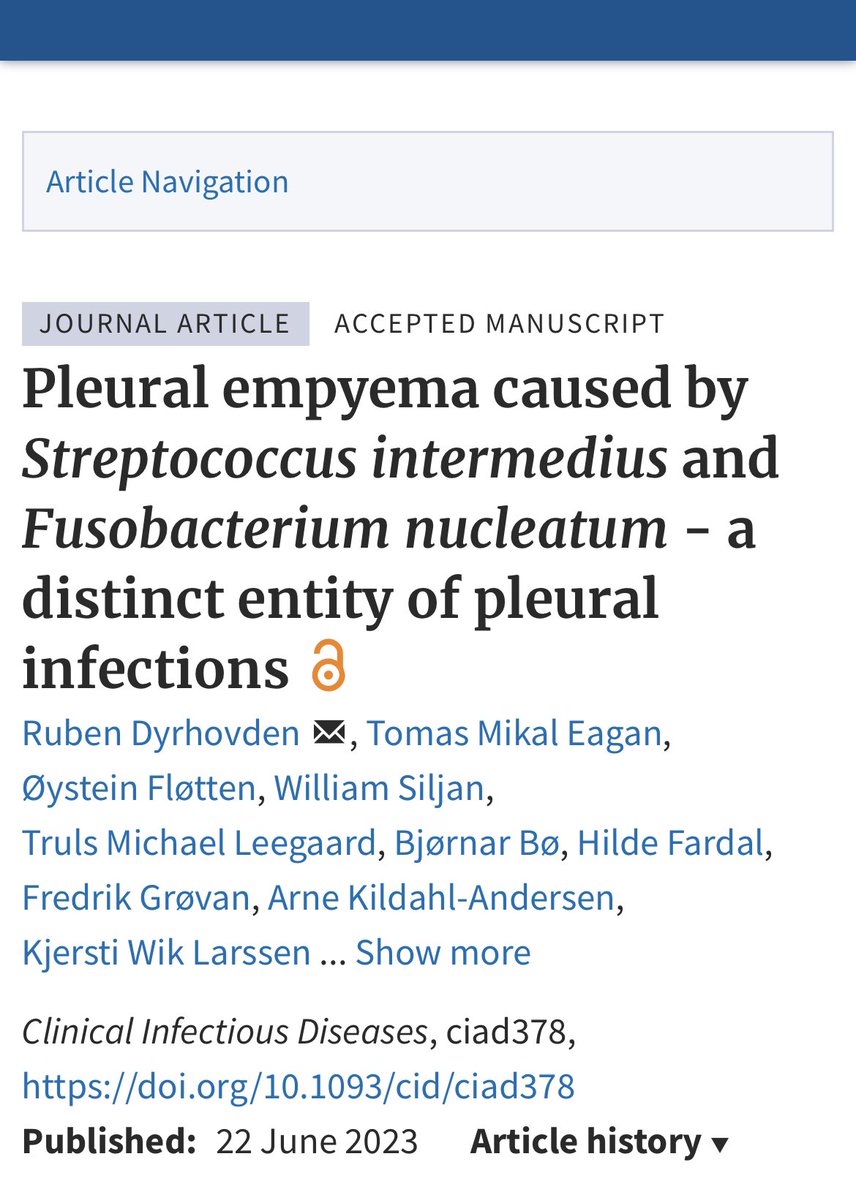 【Oral Bacteria & Pleural Infections】
@CIDJournal June 22, 2023

👉77 patients with pleural infections
👉82% had oral-type infections
👉Predominant: S. intermedius & Fusobacterium nucleatum
👉High dental infections prevalence

#IDMedEd #IDFellow 

academic.oup.com/cid/advance-ar…