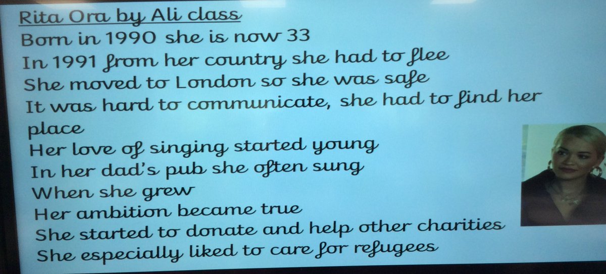 🧡Year 3 have been busy writing poems during #Refugeeweek Their chosen person was
<a href="/RitaOra/">Rita Ora</a>
We hope you like it🙂#AliClass