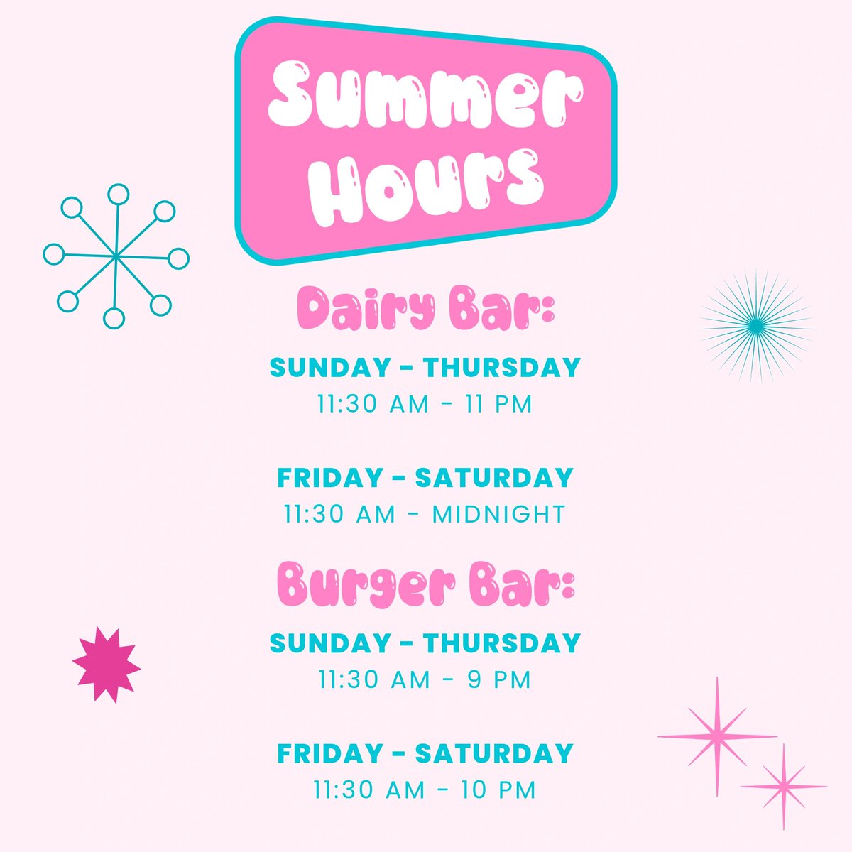 More time for ice cream and burgers in the sun!🌞🍔🥤 Check out our new summer hours. Come enjoy the taste of summer with us!