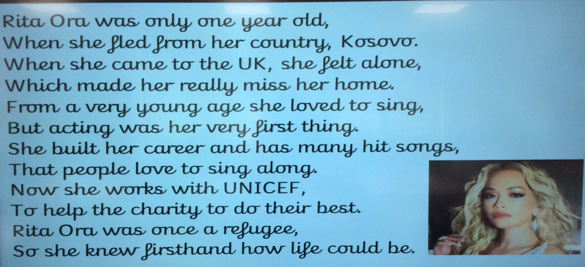 🧡Year 3 have been busy writing poems during #Refugeeweek Their chosen person was
<a href="/RitaOra/">Rita Ora</a>
We hope you like it🙂#LewisClass