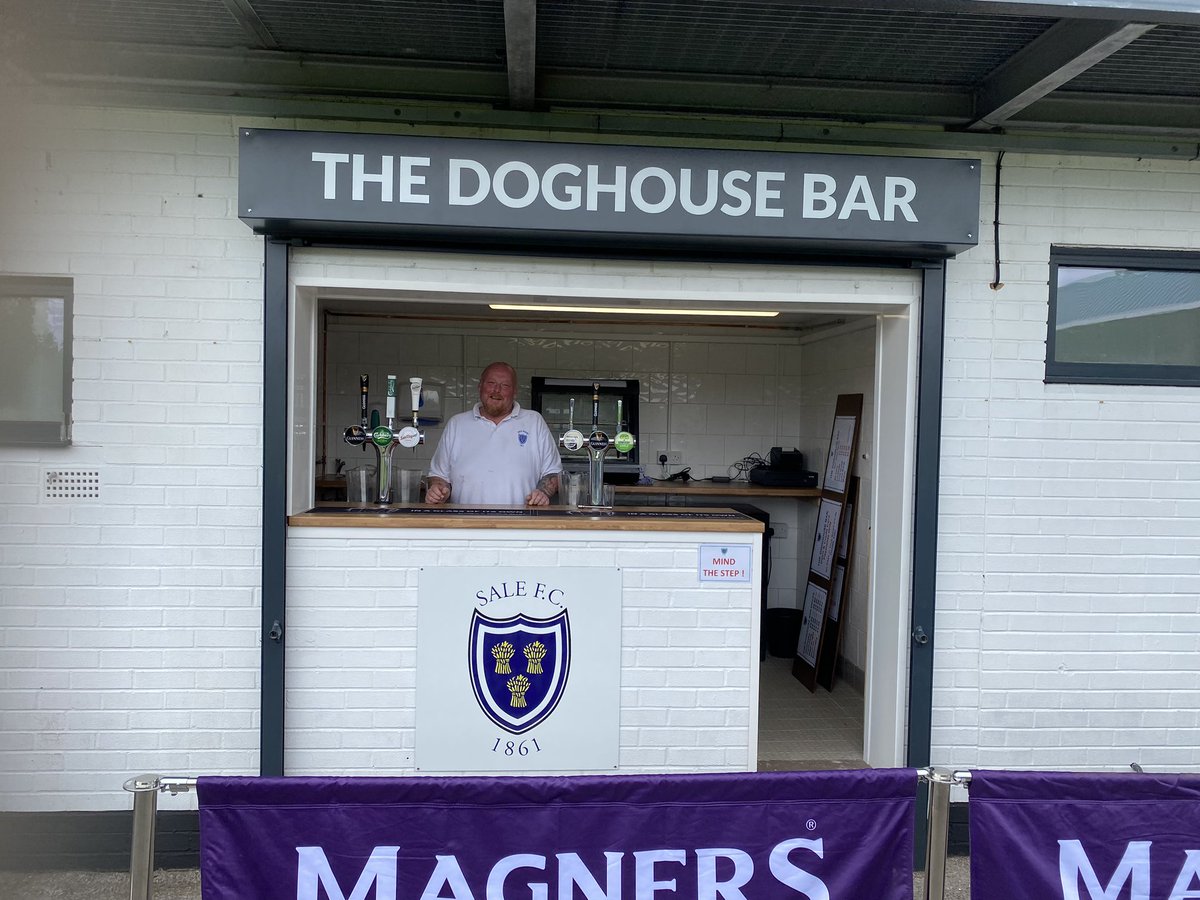 SaleFC's tweet photo. Our brand new external bar ‘The Dog House’, will be opened for the first time this Saturday at @Will_Cliff88 testimonial game. 

Our small team have pulled out the stops to get this ready in time for the game.

Please note that for this game, it is a card only bar!

#Onesalefc https://t.co/WR5ghWEKNH