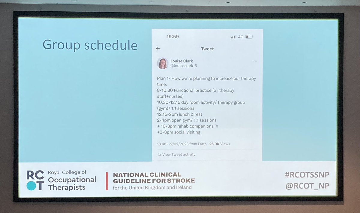 Michelle (@michellee_ot) on Twitter photo <a href="/louiseclark15/">Louise Clark</a> reducing anxiety 😥 sharing reasoning behind 🧐 & generating ideas 💡 to meet new 3hr target for therapy in new clinical guidelines for stroke at <a href="/RCOT_NP/">RCOT Neuro Practice</a> event.
Take home message: let’s rethink how we work to maximise therapy time & Rome wasn’t built in a day! <a href="/louiseclark15/">Louise Clark</a> reducing anxiety 😥 sharing reasoning behind 🧐 & generating ideas 💡 to meet new 3hr target for therapy in new clinical guidelines for stroke at <a href="/RCOT_NP/">RCOT Neuro Practice</a> event.
Take home message: let’s rethink how we work to maximise therapy time & Rome wasn’t built in a day!