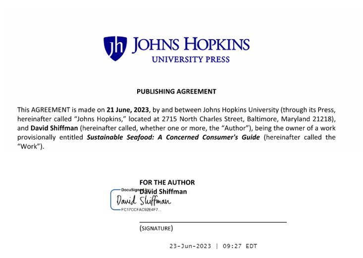 Some news: I've just signed the contract for my second book with @JHUPress ! This one is all about sustainable seafood, and is written for folks who know there are problems with some fishing methods and want to make good choices, but are confused by the technical details!