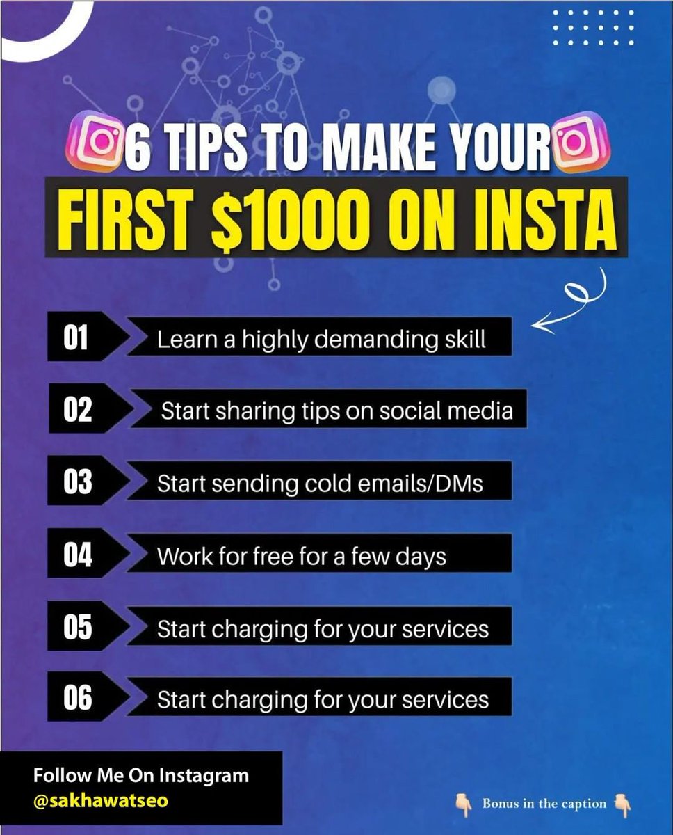 6 tips to make your first $1000 on Insta:

❤️Save and Share this post if you find this helpful
💯Follow - @sakhawatseo for more tips

#sakhawatseo
#digitalmarketingagency
#digitalmarketingtips
#digitalmarketer
#digitalmarketingexpert
#digitalmarketingstrategy
#seo #fiverr