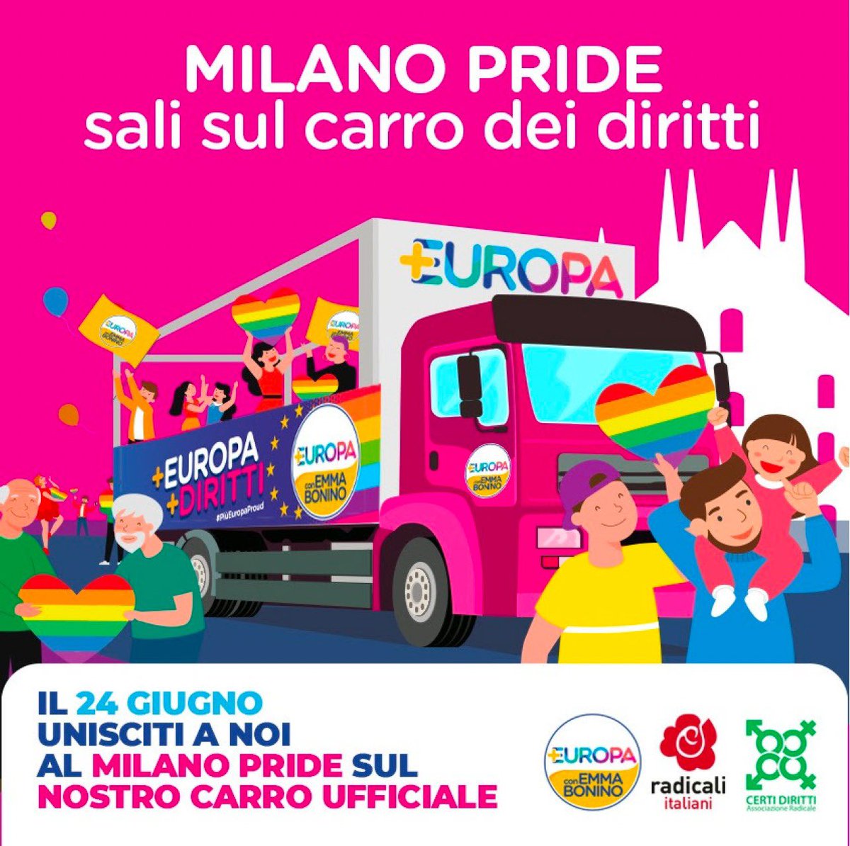 Piu_Europa's tweet photo. Dopo la splendida parata di Roma, domani +Europa sarà anche ai #Pride di #Milano, #Palermo e #Cagliari.   

Al @milanopride saremo sul nostro carro, organizzato insieme @Radicali, @radicalimilano e @CertiDiritti . 

A guidare la delegazione milanese il segretario di +Europa @riccardomagi  e il deputato @bendellavedova.  

Al #CagliariPride sarà presente invece il nostro Presidente @FedePizzarotti, insieme al coordinatore regionale @R_LoMonaco, mentre al @PalermoPride @palmiramancuso2 della Direzione Nazionale di +E.  

Vi aspettiamo per vivere insieme questa grande festa dei diritti e delle libertà.   

#pridemonth #loveislove
