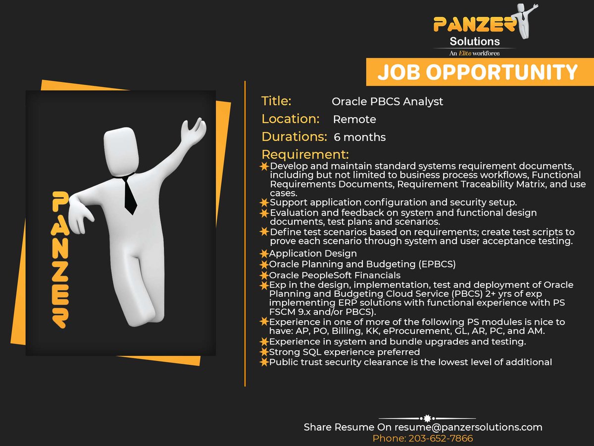 panzersolution's tweet image. Job Title: Oracle PBCS Analyst
Location: Remote
Duration: 6 months
Share resumes at resume@panzersolutions.com
Or for more job requirements, click on the below link
Click Here: panzersolutions.com/jobopportunuti…
#PanzerSolutions #OraclePBCS #PBCS #oracle #Analyst #jobs #jobsearch