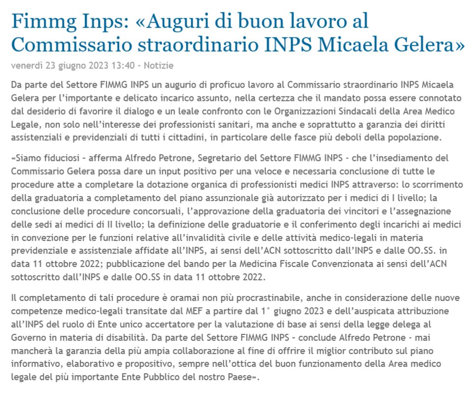 Fimmg Inps: «Auguri di buon lavoro al Commissario straordinario INPS Micaela Gelera» - Questa la news in apertura di FimmgNotizie di oggi. Clicca qui per leggere l'edizione completa fimmgnotizie.org/web/html/clien…