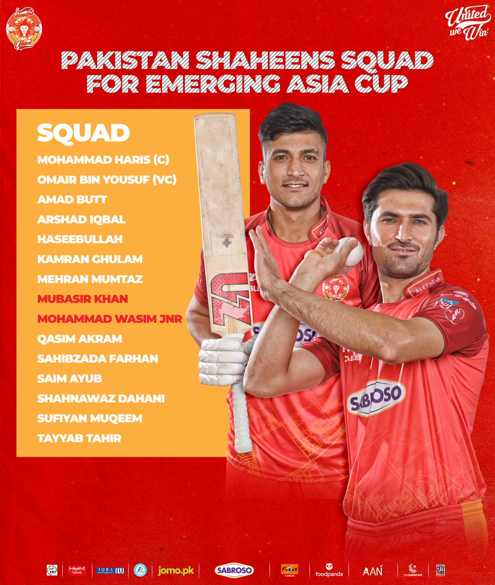 Our #Sherus🦁 Wasim Jr and Mubasir Khan will be roaring in Pakistan green for the Emerging Asia Cup!

Good luck to everyone, chha jao boys 🇵🇰💚

#UnitedWeWin
