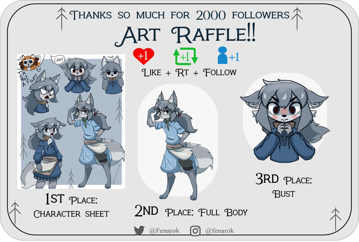 ✨ Art Raffle ✨
Thanks so much for the 2000 followers!! ✨🐺❤
I appreciated a lot for your support, help and more

For participation.
✨+ Like
✨+ Retweet 
✨+ Following me
✨Reply with your character

Only SFW !! references pls

             🌿Untill to   July 2nd 2023   🌿