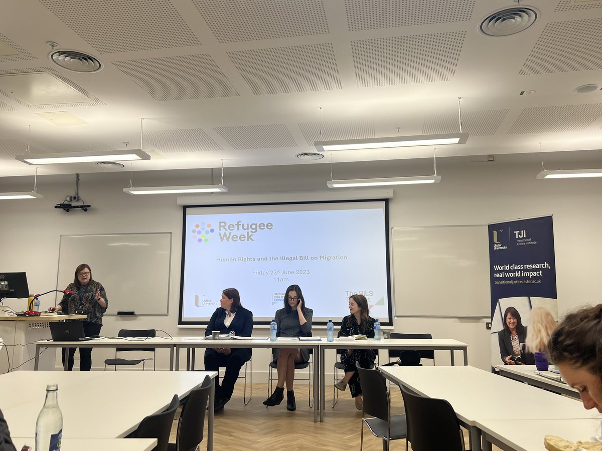 KateNicholl's tweet photo. Powerful discussion on the Illegal Migration Bill at @UlsterUni. This Bill amounts to an asylum ban, risks indefinite mass detention, lacks judicial oversight, ignores the implications of our land border, puts even more pressure on support orgs & erodes human rights.#RefugeeWeek https://t.co/wFMzHx8dvD