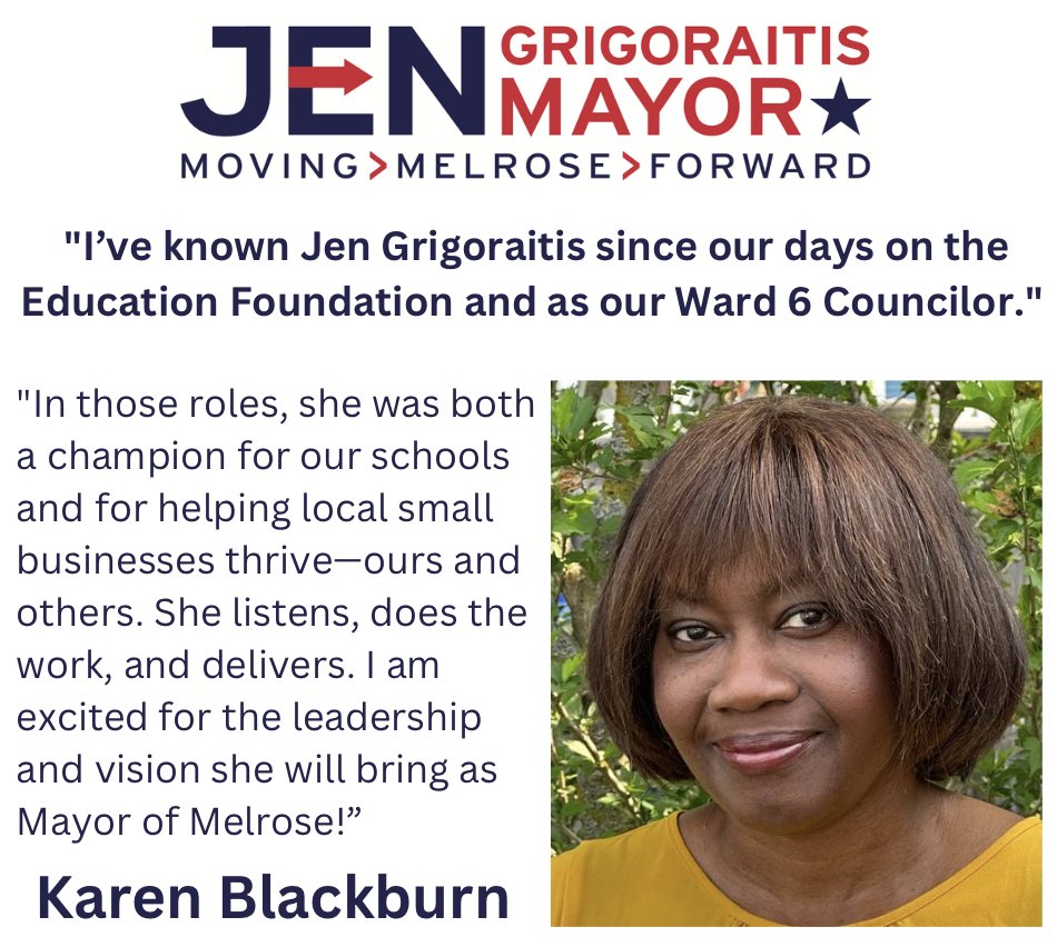 Grateful to have the support of Karen Grant Blackburn! Karen is the parent of two MPS students, small business owner, &amp; non-profit executive. She's been an incredible advocate for the #Melrose Public Schools, and I am honored that she's supporting our campaign for Mayor! #mapoli