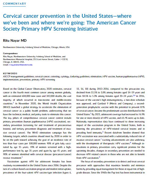 Among #CervicalCancer screening modalities, primary #HPV screening is proven to have the best tradeoff of patient benefits and harms. A new @AmericanCancer @cervicalRT initiative aims to support the transition from cytology/cotesting alone.

🔗acsjournals.onlinelibrary.wiley.com/doi/full/10.10…

@NayarRitu