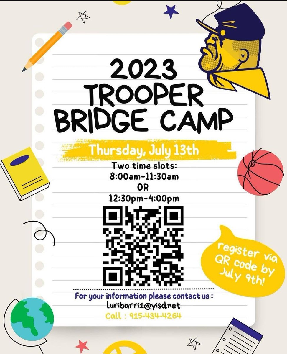 Hey, future Troopers!
Join us at our annual Bridge Camp!

During our camp, you will have the opportunity to meet with our administrative team, learn traditions, participate on campus tours, and much more!

Scan the QR!
Registration closes July 9th

@Btorres_EHS | <a href="/eastwoodstuco/">Eastwood Student Council</a>