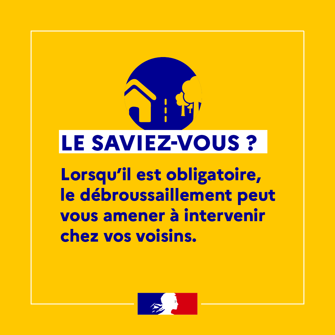 #Incendie | Le débroussaillement s'applique dans une zone allant de 50 à 100m autour de vos bâtiments, et peut vous amener à intervenir chez vos voisins, qui ont l'obligation de vous autoriser l'accès à leur terrain ! 

Pour savoir + rdv sur feux-foret.gouv.fr
@Ecologie_Gouv