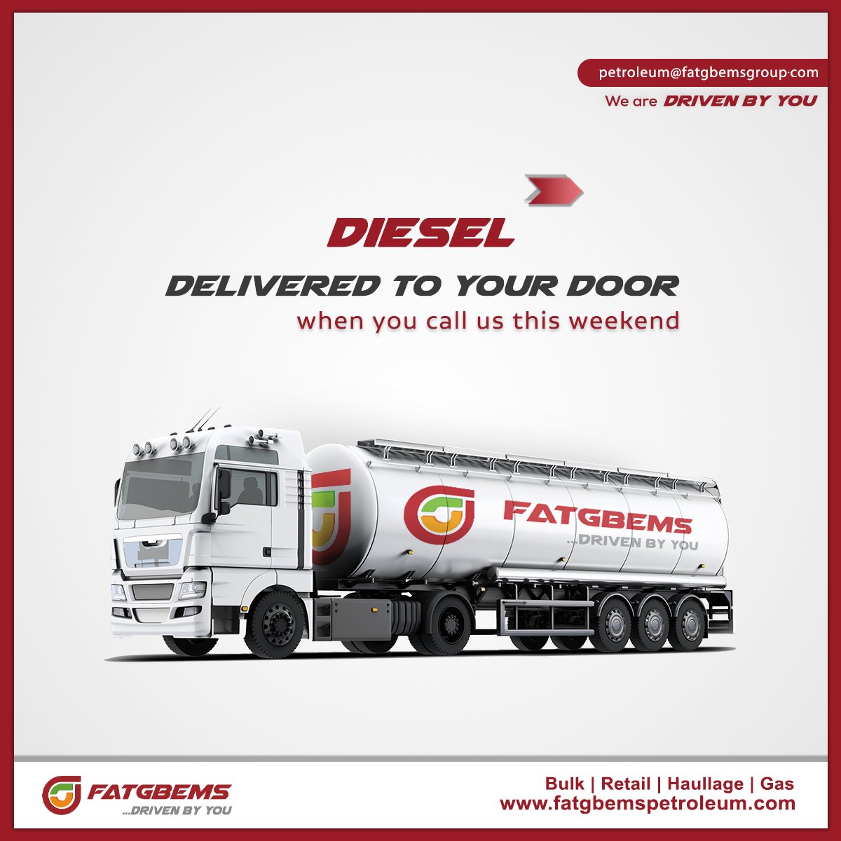 Need Bulk Diesel this weekend?

Have it delivered to your door when you call Fatgbems Petroleum on 09098657358.