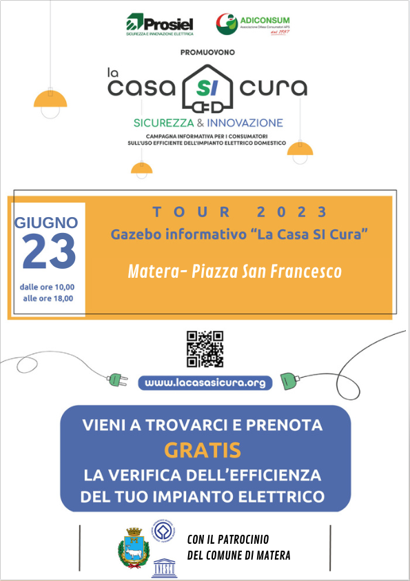 📍#23giugno Oggi fino alle ⏰18.00 il Gazebo del Tour #LaCasaSICura è a #Matera in Piazza San Francesco
✅Controllo #GRATUITO dell'impianto elettrico di casa
✅Info su case #green 
✅Consigli su #risparmioenergetico
tinyurl.com/32xk8usn