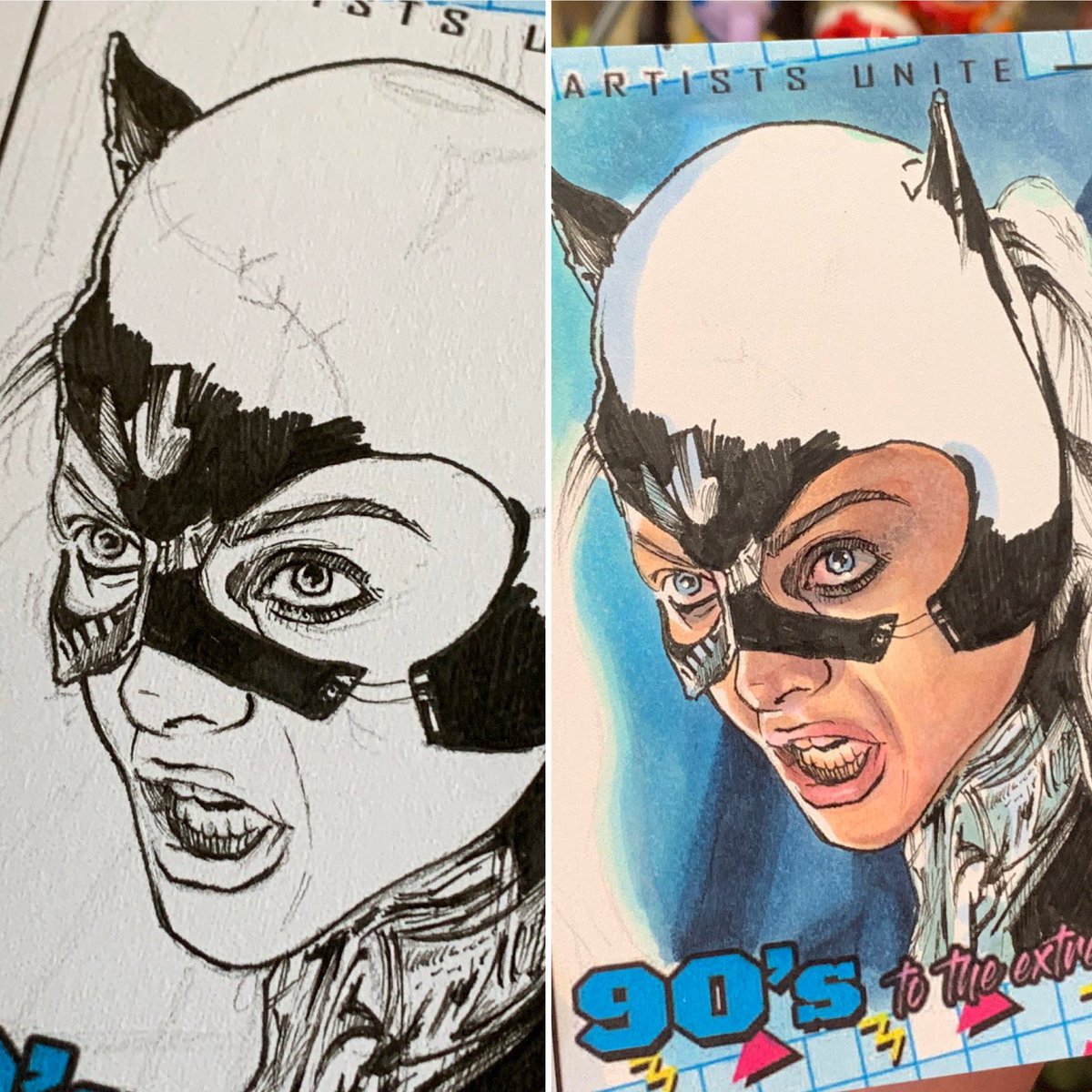 Couple’a WIPs. I always leave the mask until the end to avoid smudging the black Copic. Stitches added last with Polychromos pencils & white ink.