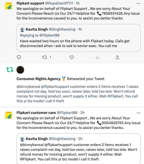 I tagged flipkart in a tweet about items not delivered. Got a bunch of responses from "flipkart support". Made the mistake of calling one of the "helpline numbers." Fraudsters, asking me to download apps, share OTP's.