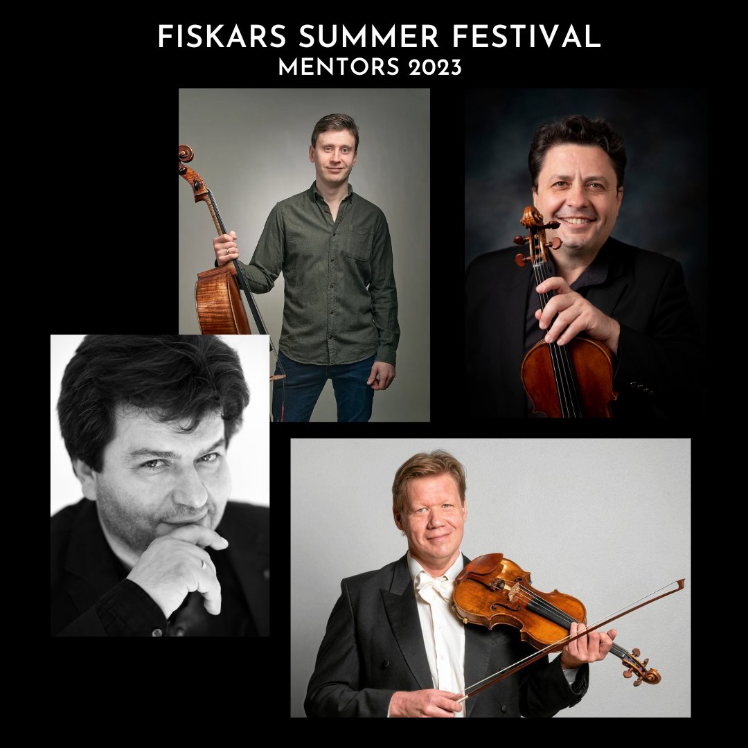 Meet our outstanding mentors for Fiskars Summer Festival 2023!
Alexander Gordon, Tero Latvala, Tuomas Lehto and Klaidi Sahatçi
You’ll have the chance to see them performing throughout the festival, both in our chamber music series and in the festival’s closing concerts.